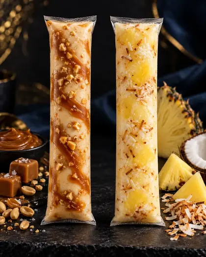 Dois geladinhos gourmet: caramelo salgado com amendoim e abacaxi com coco tostado